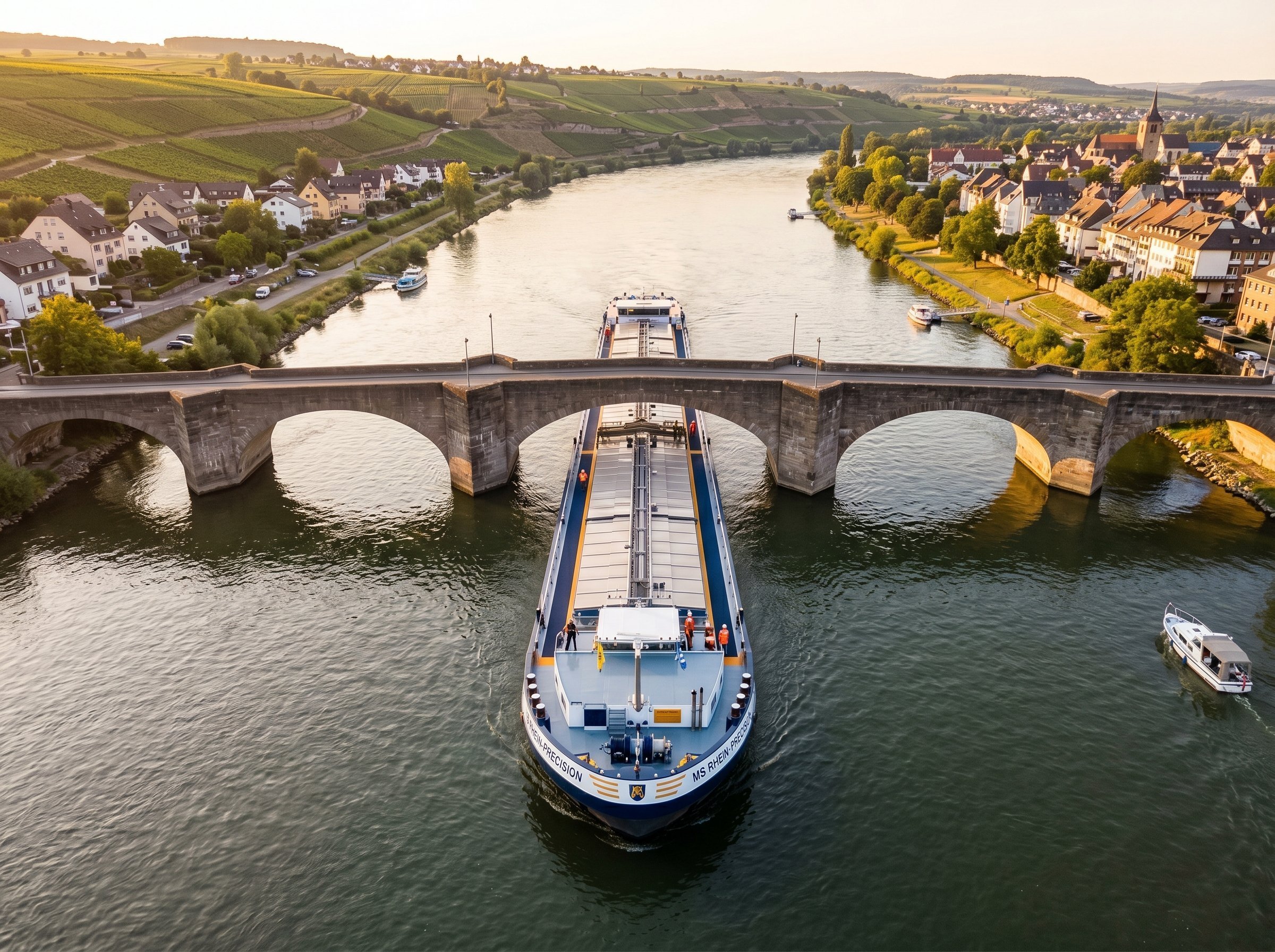 Binnenschiff faehrt auf europäischem Fluss unter einer Brücke hindurch
