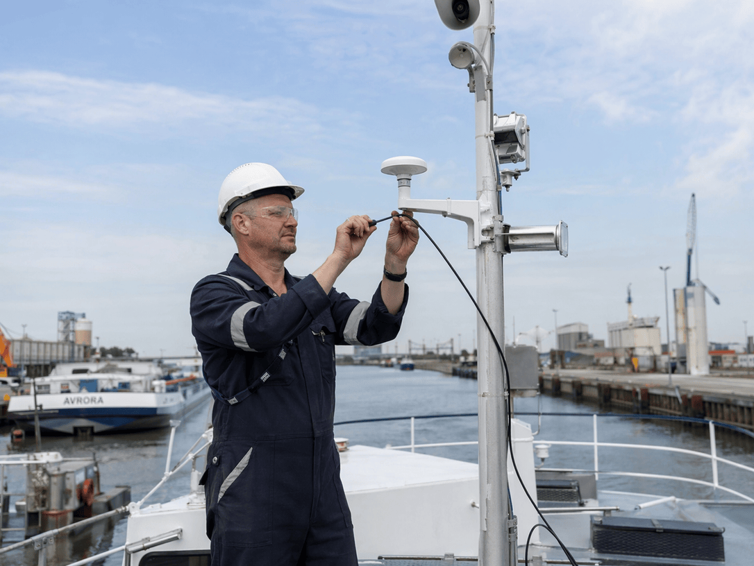 Techniker installiert BridgeSecure Sensor am Mast eines Binnenschiffs