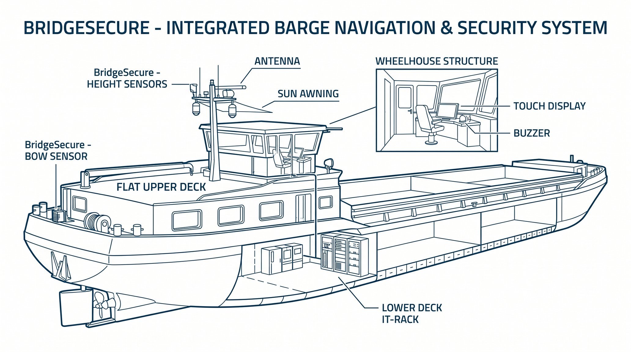 BridgeSecure Systemübersicht - Schemazeichnung mit allen Komponenten am Schiff