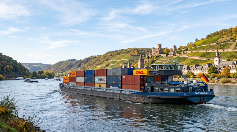 Containerschiff-Koppelverband auf dem Rhein