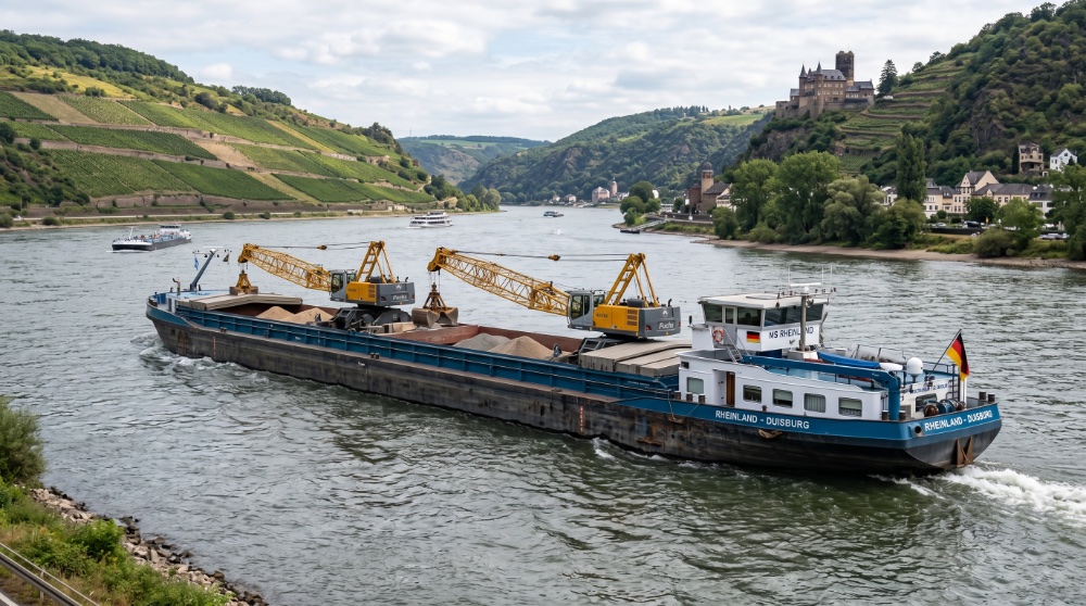 Frachtschiff mit Bordkränen auf einem europäischen Fluss