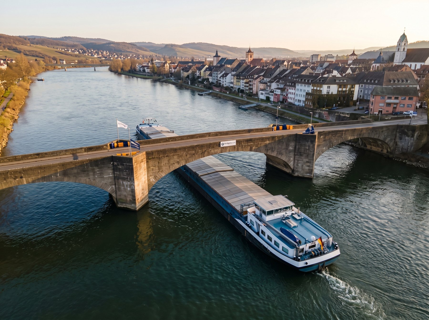Flusskreuzfahrtschiff passiert sicher eine niedrige Brücke dank BridgeSecure